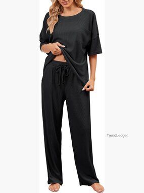 Waffle Knit Pajama Set - Short Sleeve Top & Long Pants - Soft Loungewear